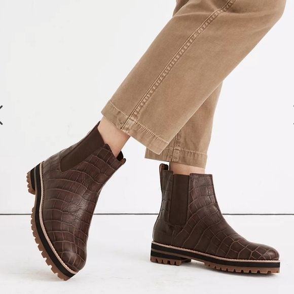 New Madewell The Ivy Chelsea Dark Coffee Croco Embossed Leather Boots Size 5 - Picture 1 of 12